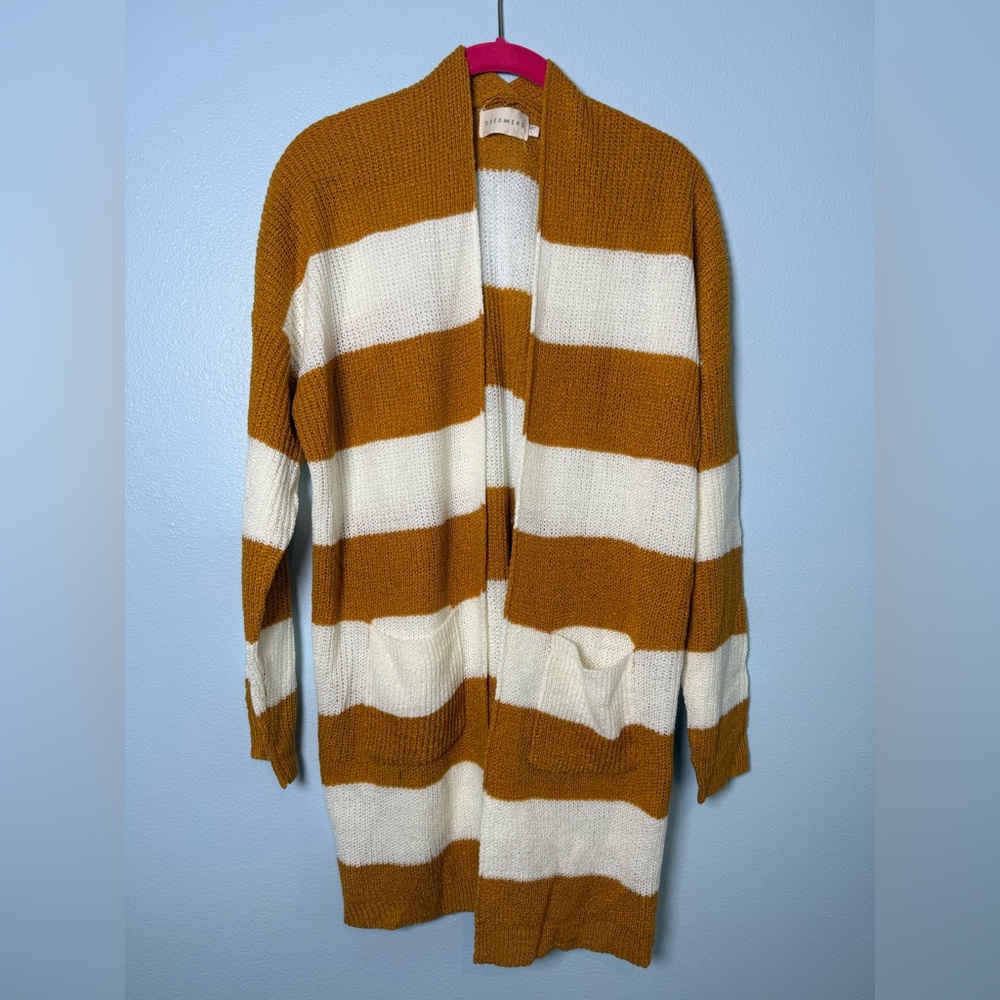 Dreamers Striped Open-Front Cardigan - White & Mustard